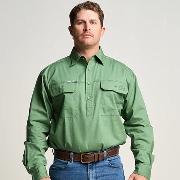 KILCOY | Mens Half Button Long Sleeve Work Shirt - Gum Leaf Green Thumbnail
